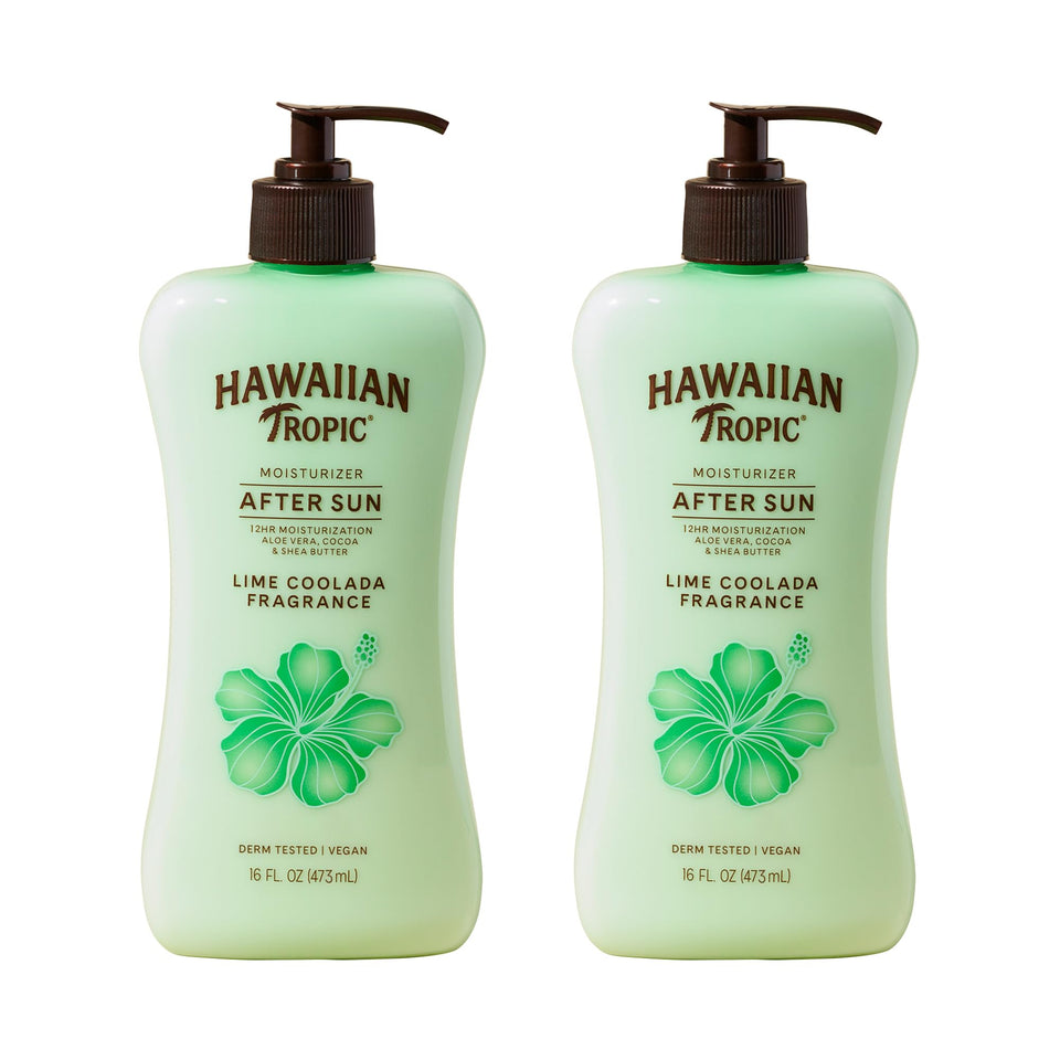 Hawaiian Tropic front packaging showing twin 16 fl oz bottles and product benefit