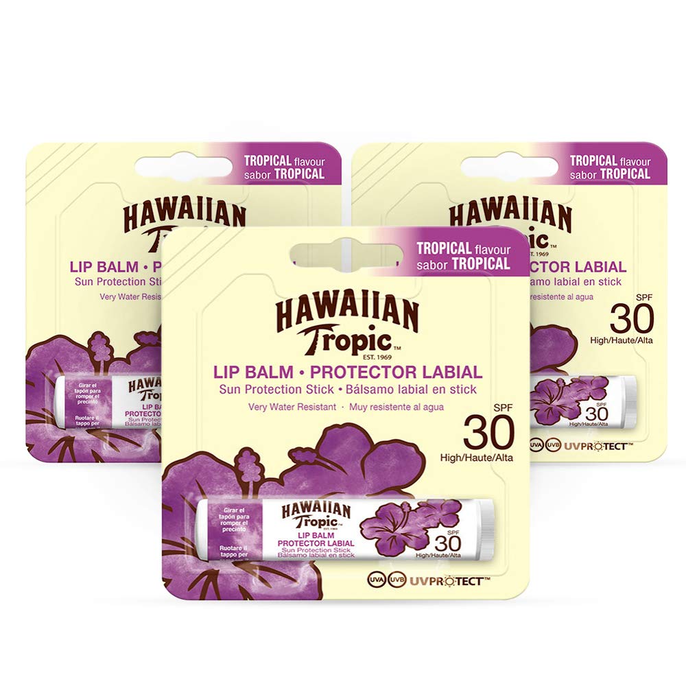 Hawaiian Tropic front packaging showing three SPF 30 lip balms for convenient protection
