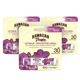 Hawaiian Tropic front packaging showing three SPF 30 lip balms for convenient protection