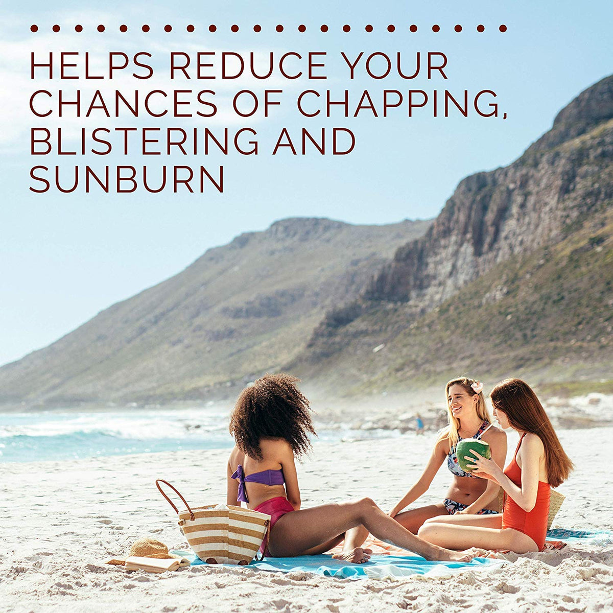 Hawaiian Tropic lip balm in use at beach demonstrating water-resistant protection during outdoor activity