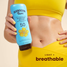 Hawaiian Tropic lotion texture on hand demonstrating fast-absorbing finish