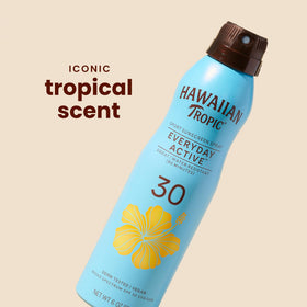 Hawaiian Tropic nozzle closeup demonstrating continuous spray for fast coverage