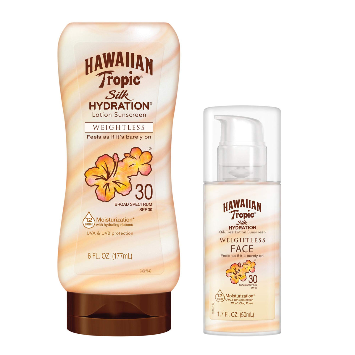 Hawaiian Tropic pack front view showing both bottles and SPF benefits