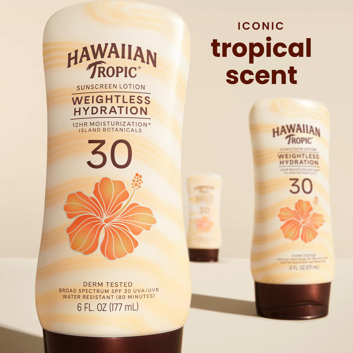 Hawaiian Tropic pump and cap detail for easy dispensing and travel