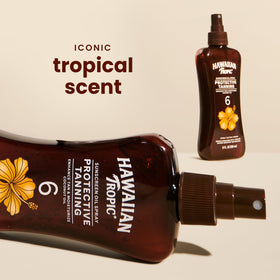 Hawaiian Tropic pump spray closeup highlighting easy pump action and travel-ready design