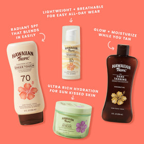 Hawaiian Tropic bottle at poolside highlighting water-resistant protection benefit