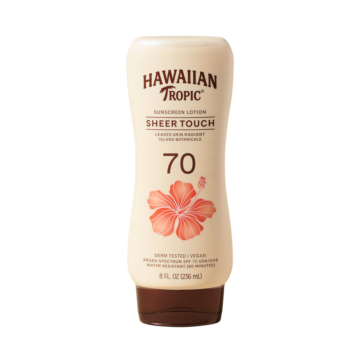 Hawaiian Tropic front packaging showing SPF 70 and radiant finish benefit