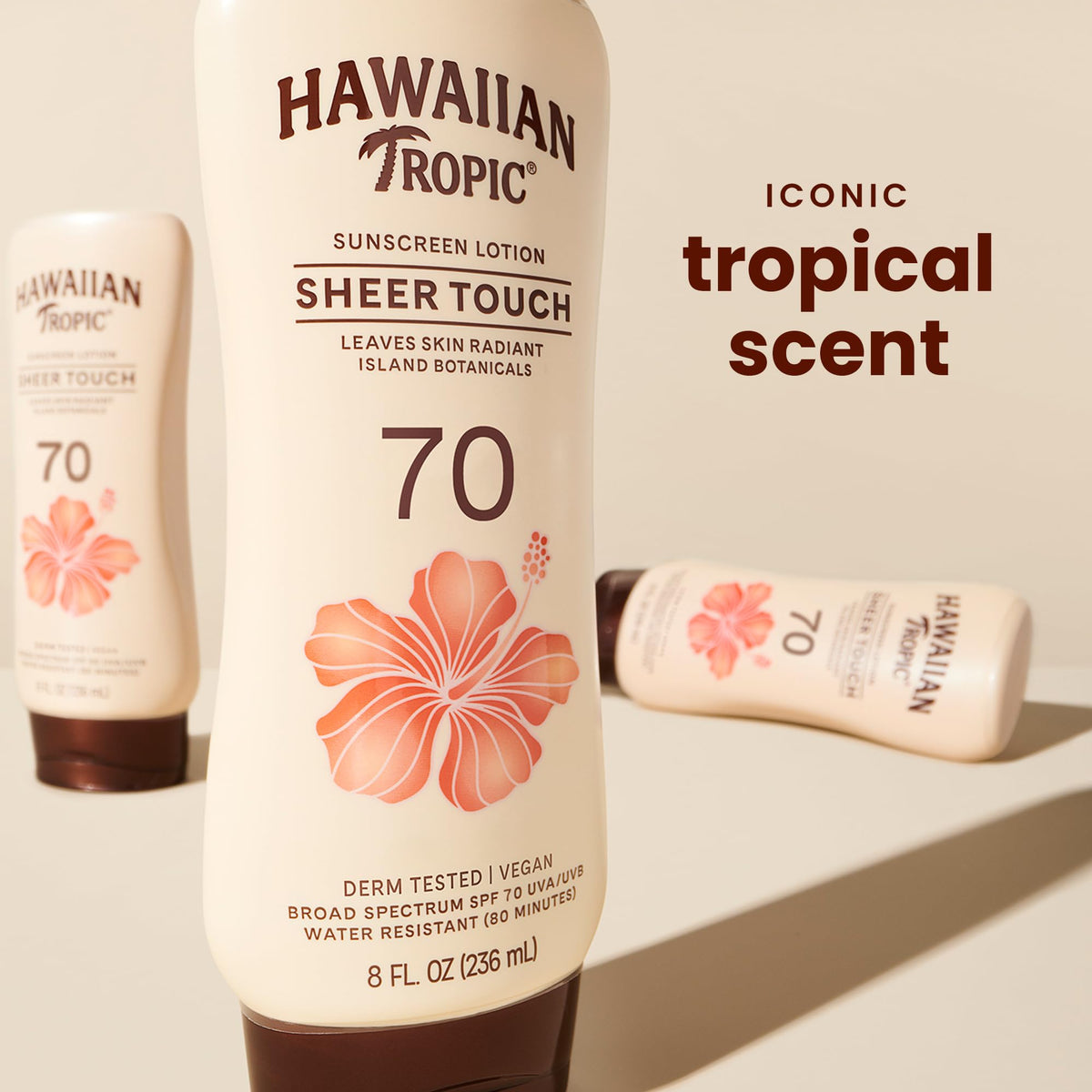 Hawaiian Tropic lotion texture dispensed for quick absorption benefit