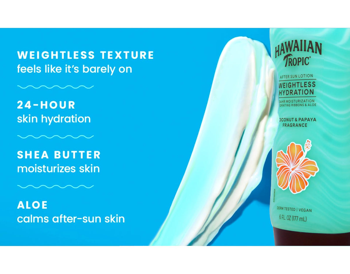 Hawaiian Tropic 6oz bottle beside sunglasses showing compact travel benefit