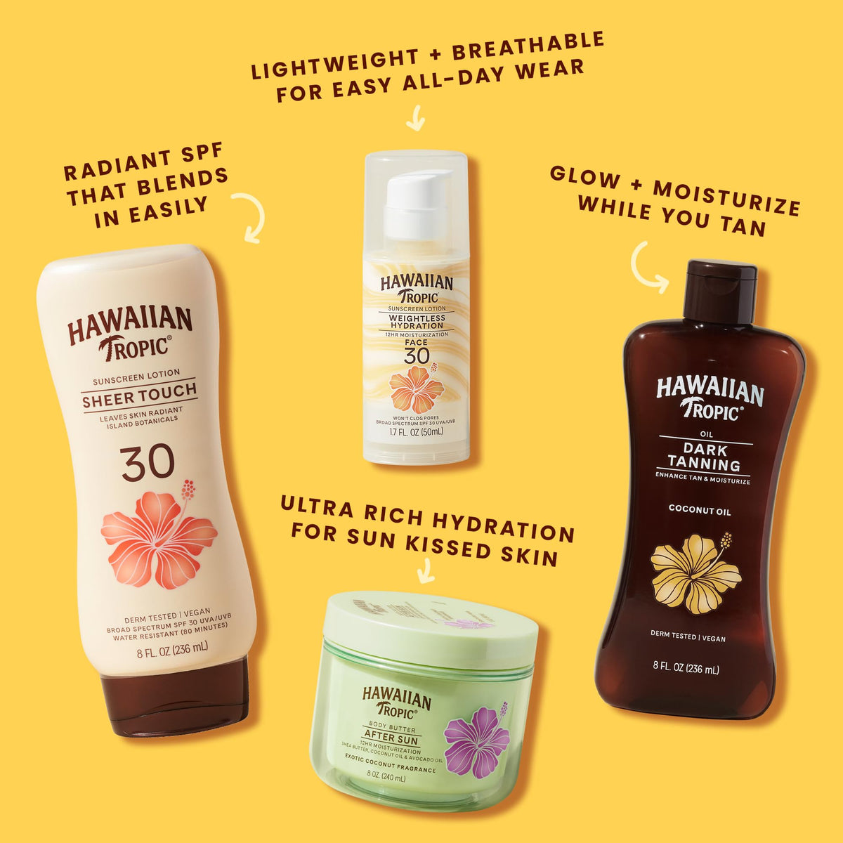 Hawaiian Tropic 8 fl oz next to sunglasses showing travel-friendly size