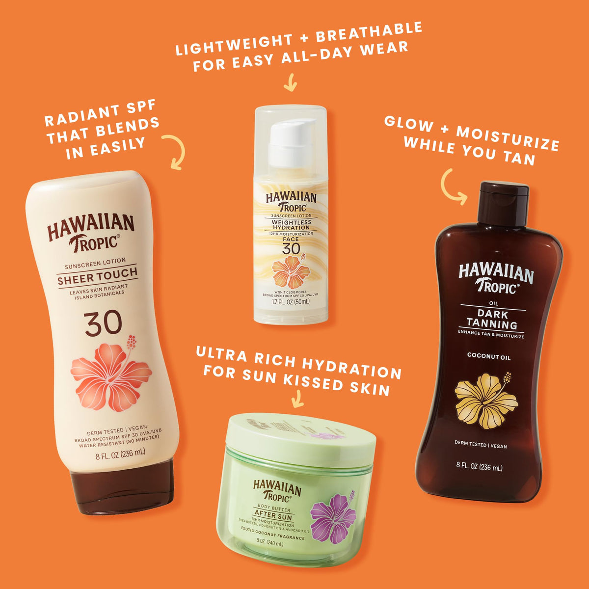Hawaiian Tropic spray in beach setting showing water-resistant outdoor use