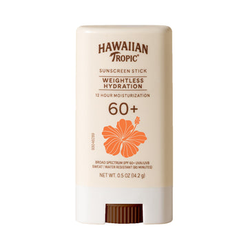 Hawaiian Tropic stick front packaging showing SPF 60+ protection and travel size