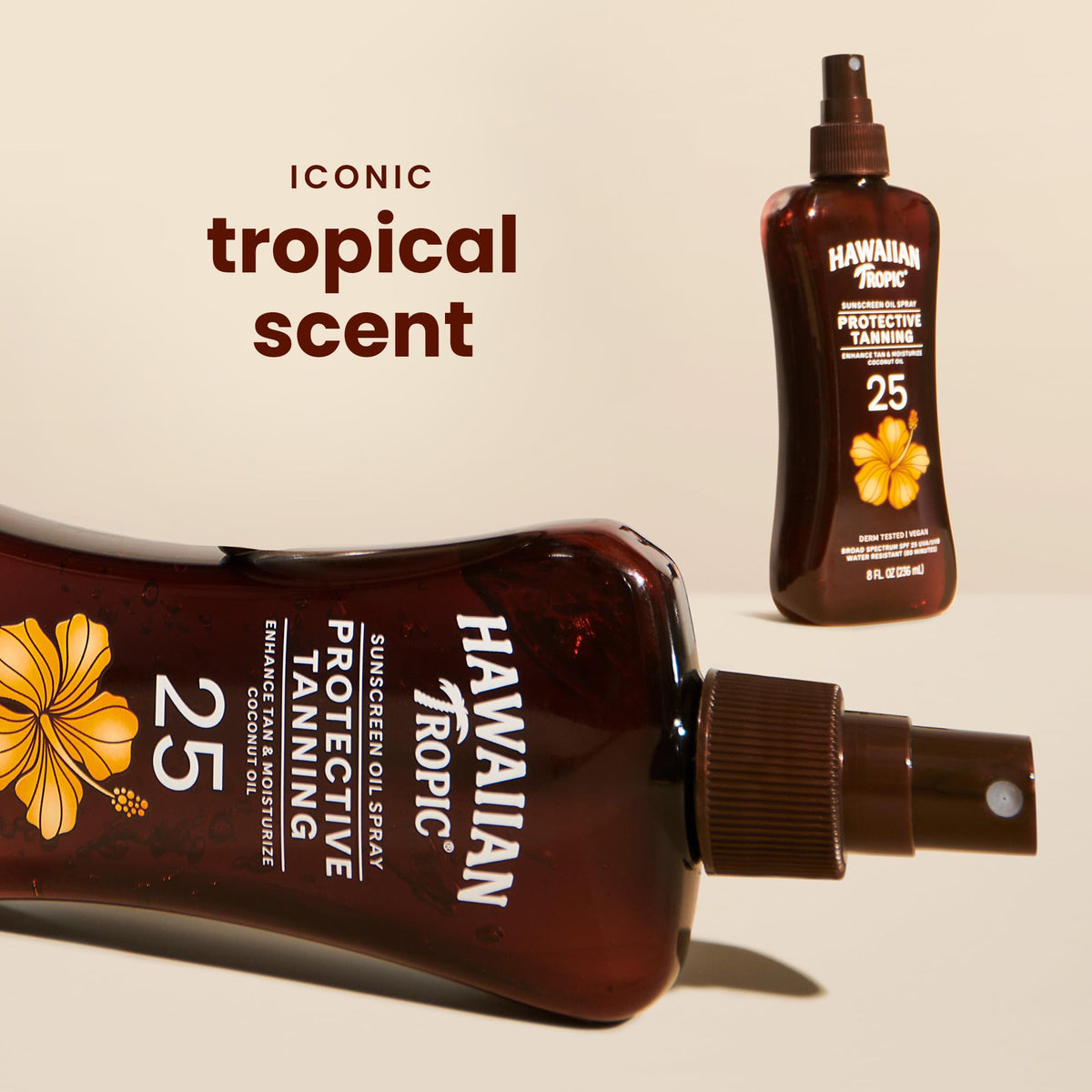 Hawaiian Tropic texture close-up showing dry oil gel and quick absorption benefit