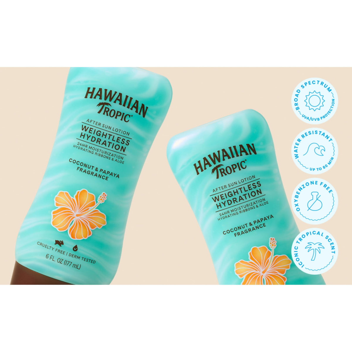 hawaiian tropic lotion texture close-up highlighting smooth, non-greasy finish for soft skin