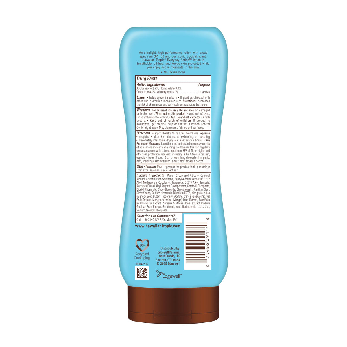 Hawaiian Tropic bottle with water splash illustrating 80-minute resistance