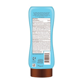 Hawaiian Tropic bottle with water splash illustrating 80-minute resistance