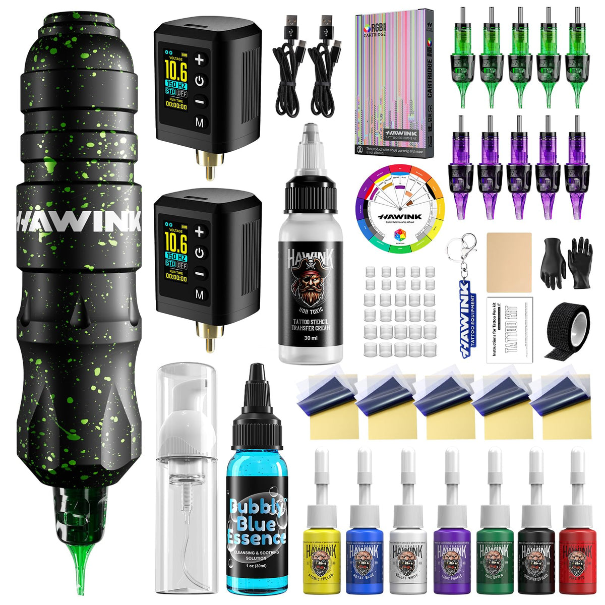 HAWINK tattoo gun and kit layout showing included accessories for quick setup