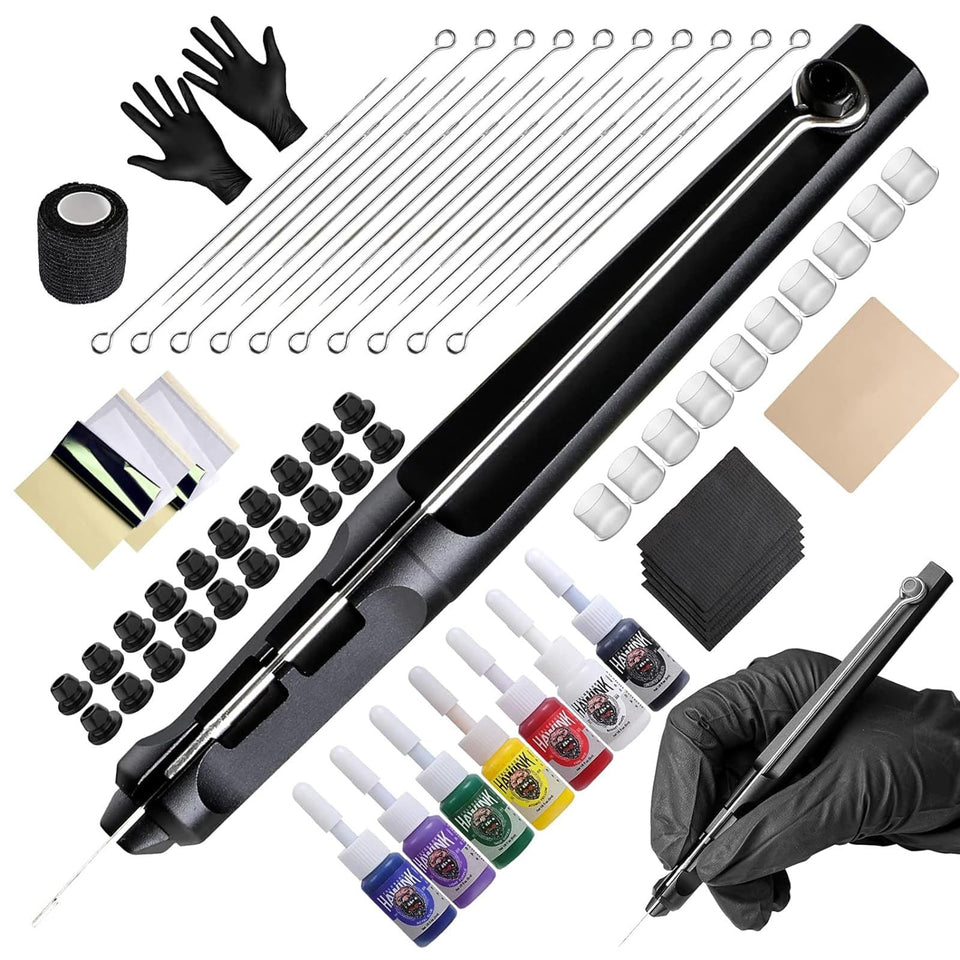 HAWINK tattoo pen and packaging showing kit contents and travel-ready benefit