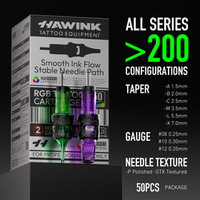 HAWINK assorted cartridges laid out showing color coding and sizes
