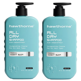 Hawthorne front packaging showing two 16 fl oz bottles and Night Swim scent benefits