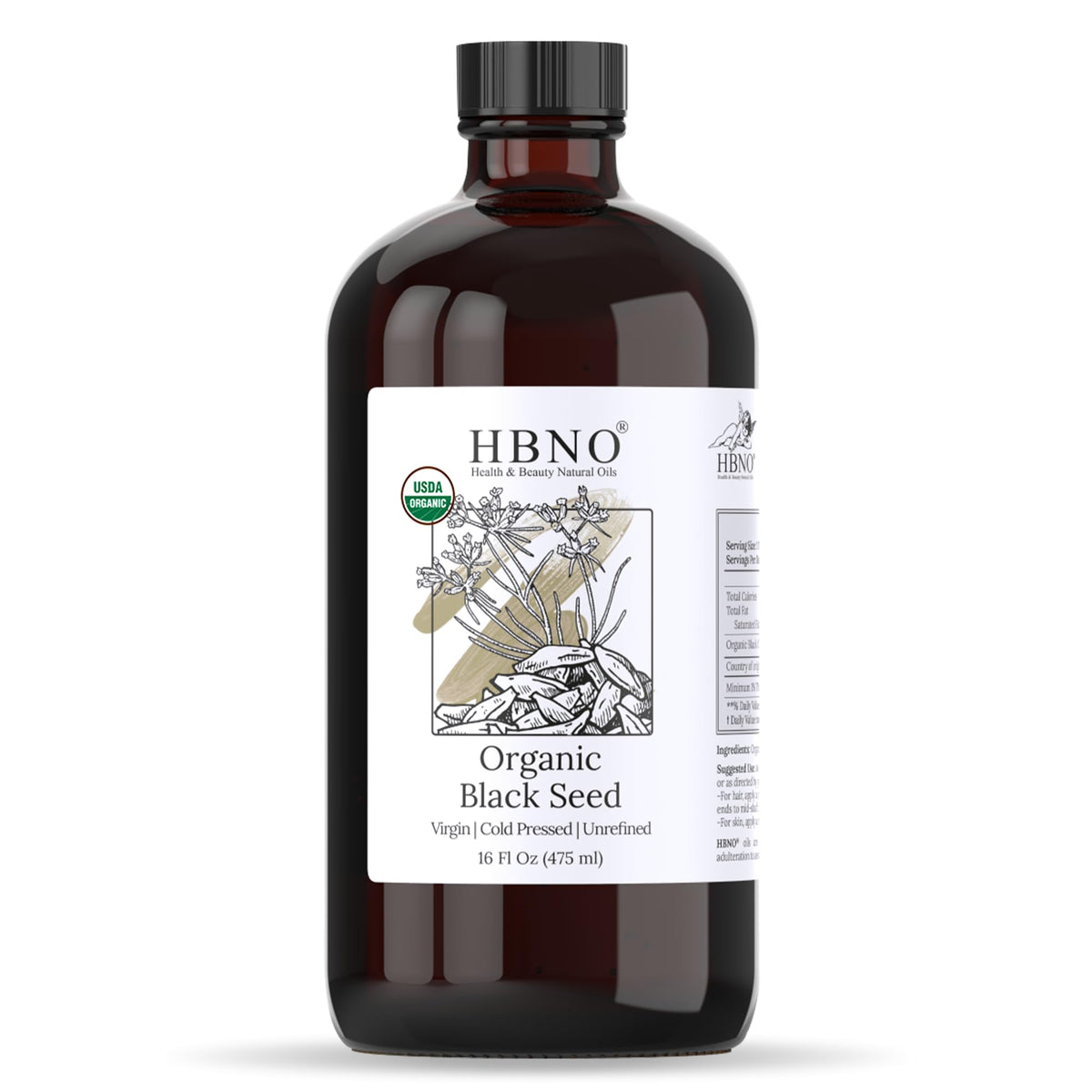 HBNO front glass bottle of black seed oil showing full 16 oz size and premium look