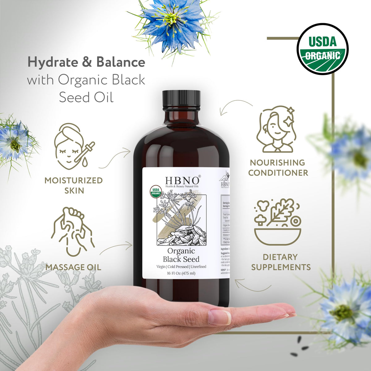 HBNO oil pouring close-up showing texture and easy dispensing for precise use