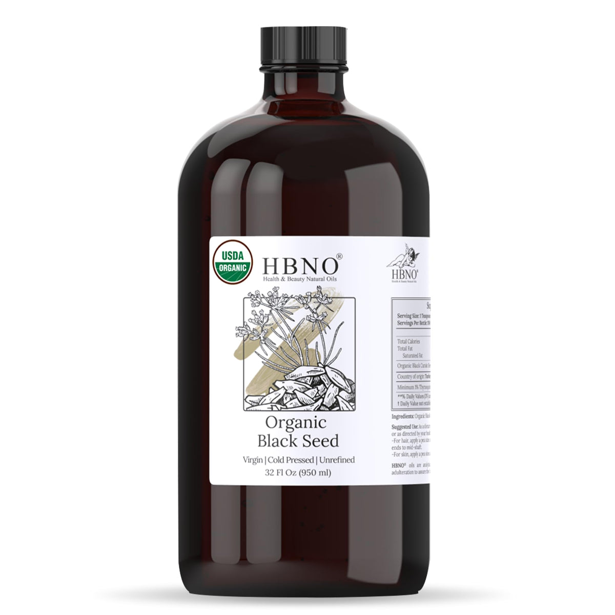 HBNO front label on 32oz glass bottle showing organic certification and value size
