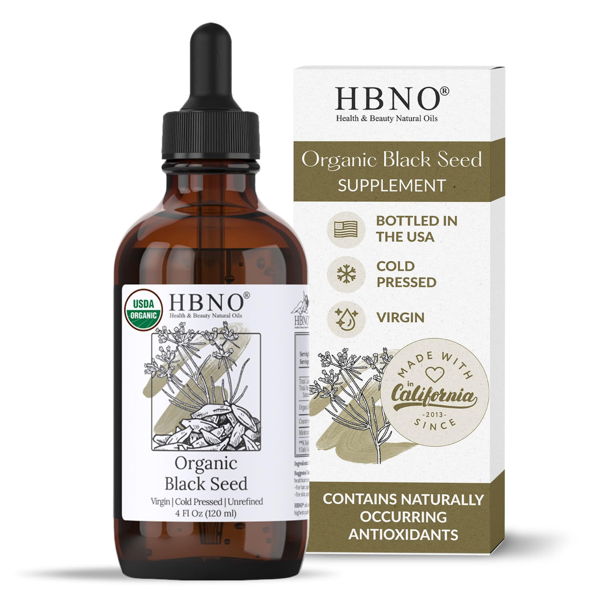 HBNO front label on 4oz glass bottle showing organic certification and size benefit