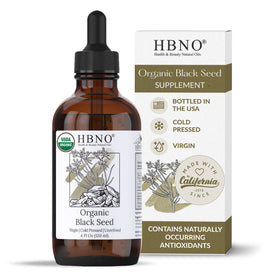 HBNO front label on 4oz glass bottle showing organic certification and size benefit