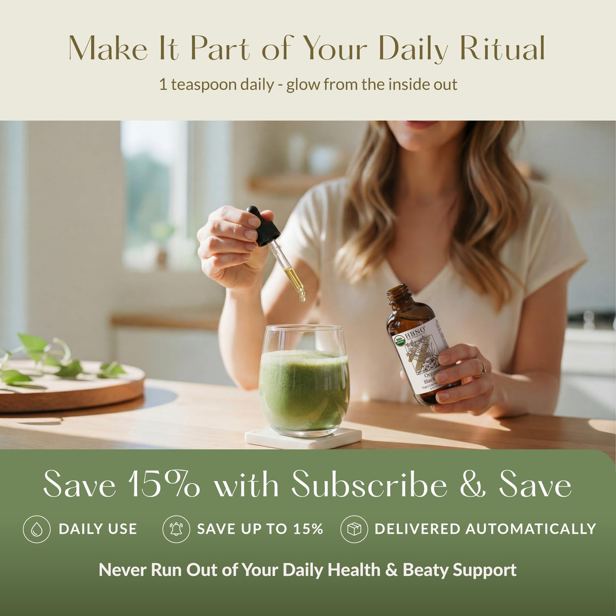 HBNO bottle on bathroom shelf in lifestyle setting showing daily routine convenience