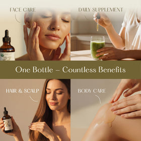 HBNO oil droplet pouring to show cold-pressed texture and concentrated nourishment