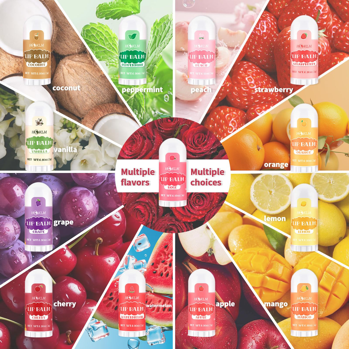 HCKLM close-up of 13 flavored lip balm tubes displaying color variety and choice
