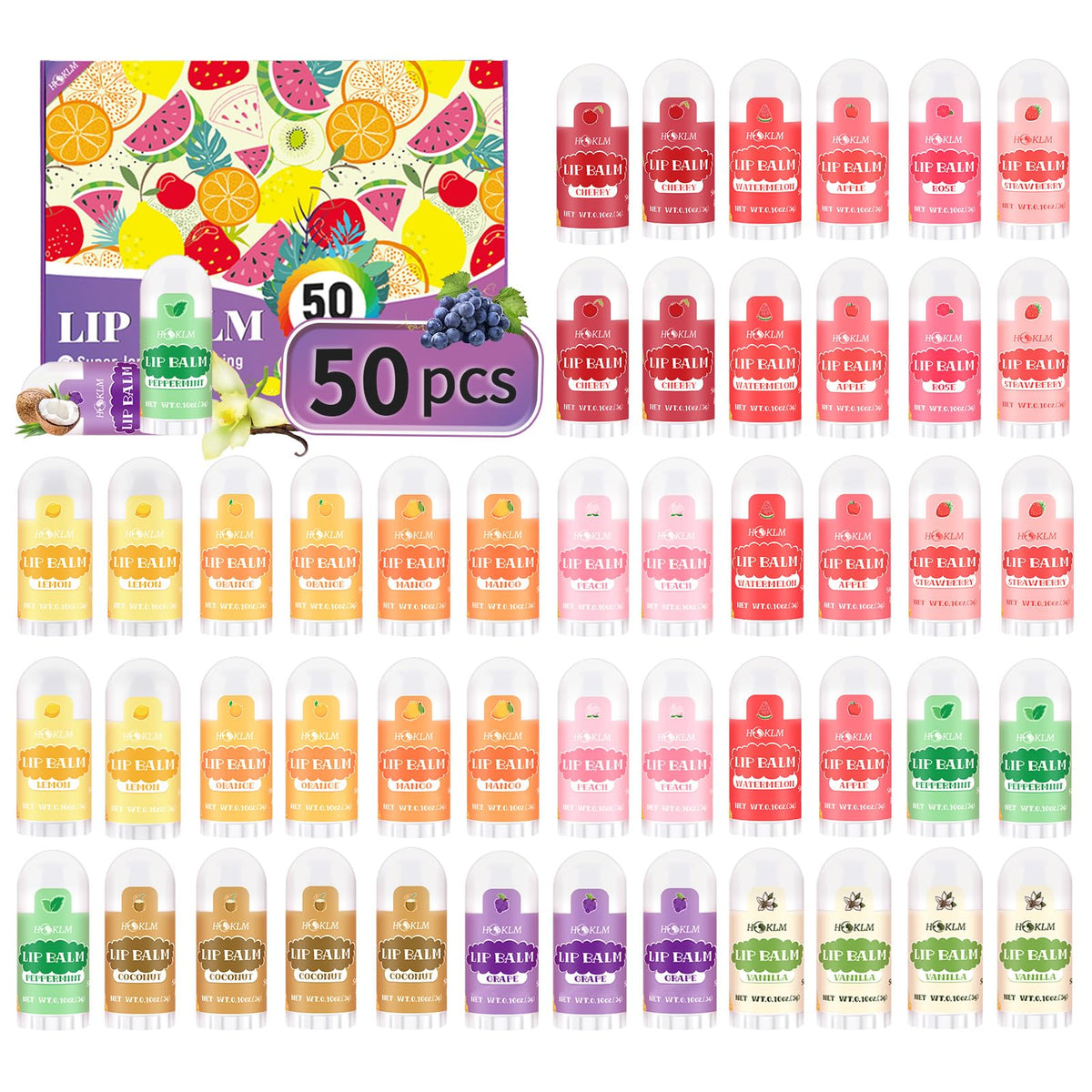 HCKLM front packaging of 50 mini lip balms showing variety and convenience