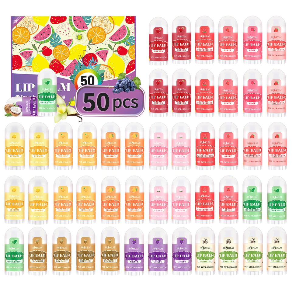 HCKLM front packaging of 50 mini lip balms showing variety and convenience