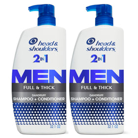 Head & Shoulders front packaging showing twin 32.1 fl oz bottles and brand logo benefits