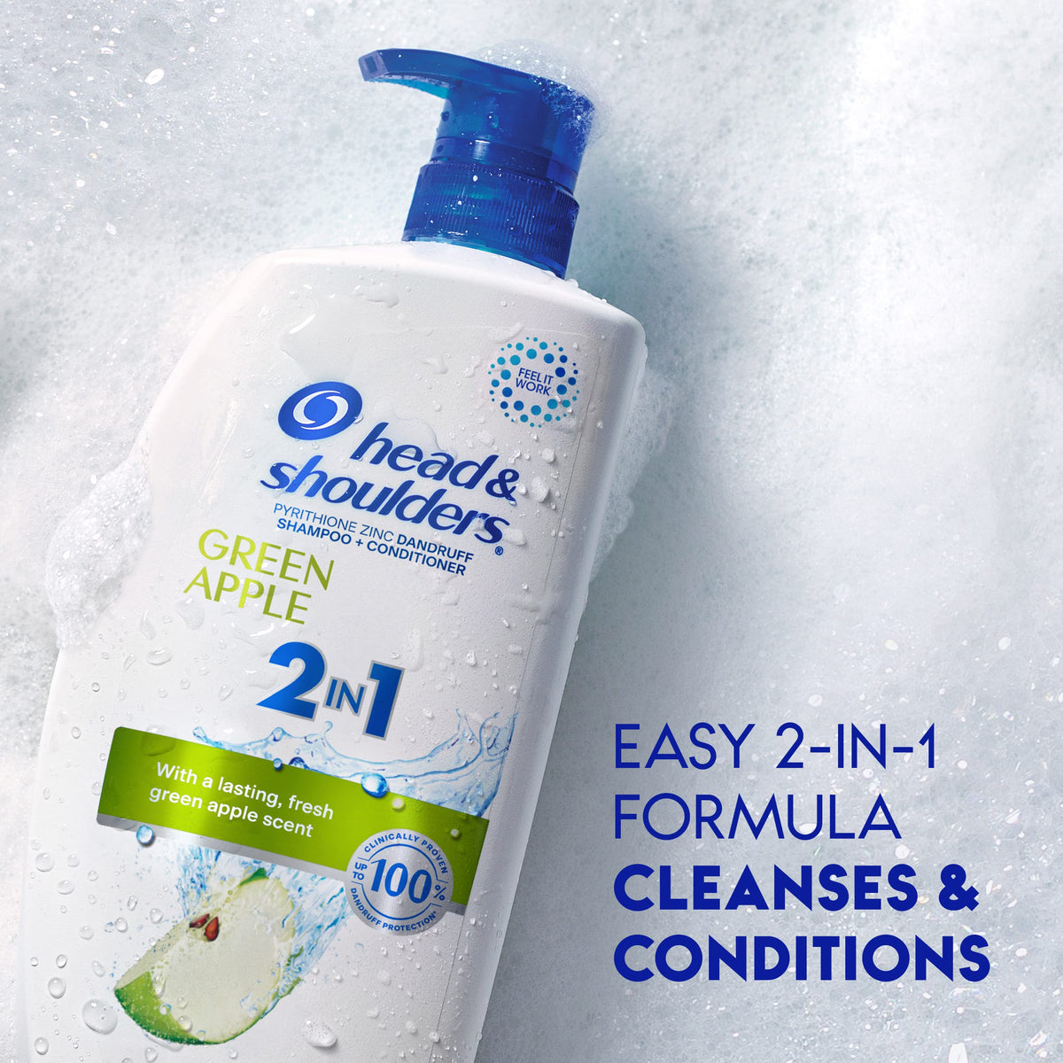 Head & Shoulders green apple pump dispensing creamy 2-in-1 texture