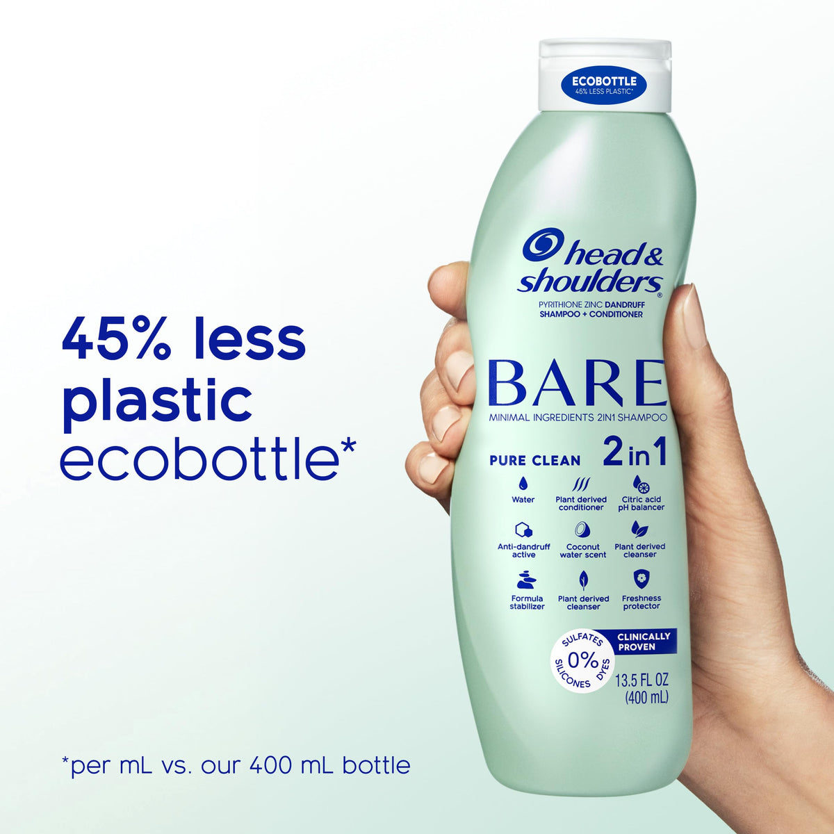 Head & Shoulders bottle next to ruler showing 13.5 fl oz scale and travel convenience benefit