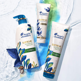 Back label of Head & Shoulders Supreme showing directions and key ingredients for informed use