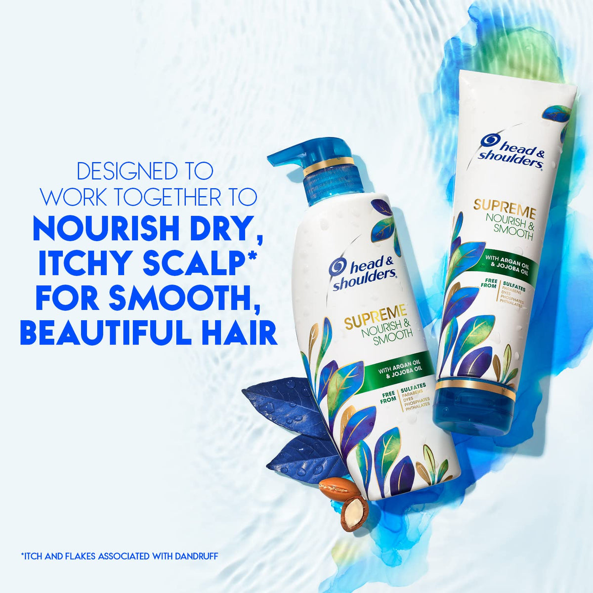 Argan and jojoba oils near Head & Shoulders bottle illustrating nourishing ingredients