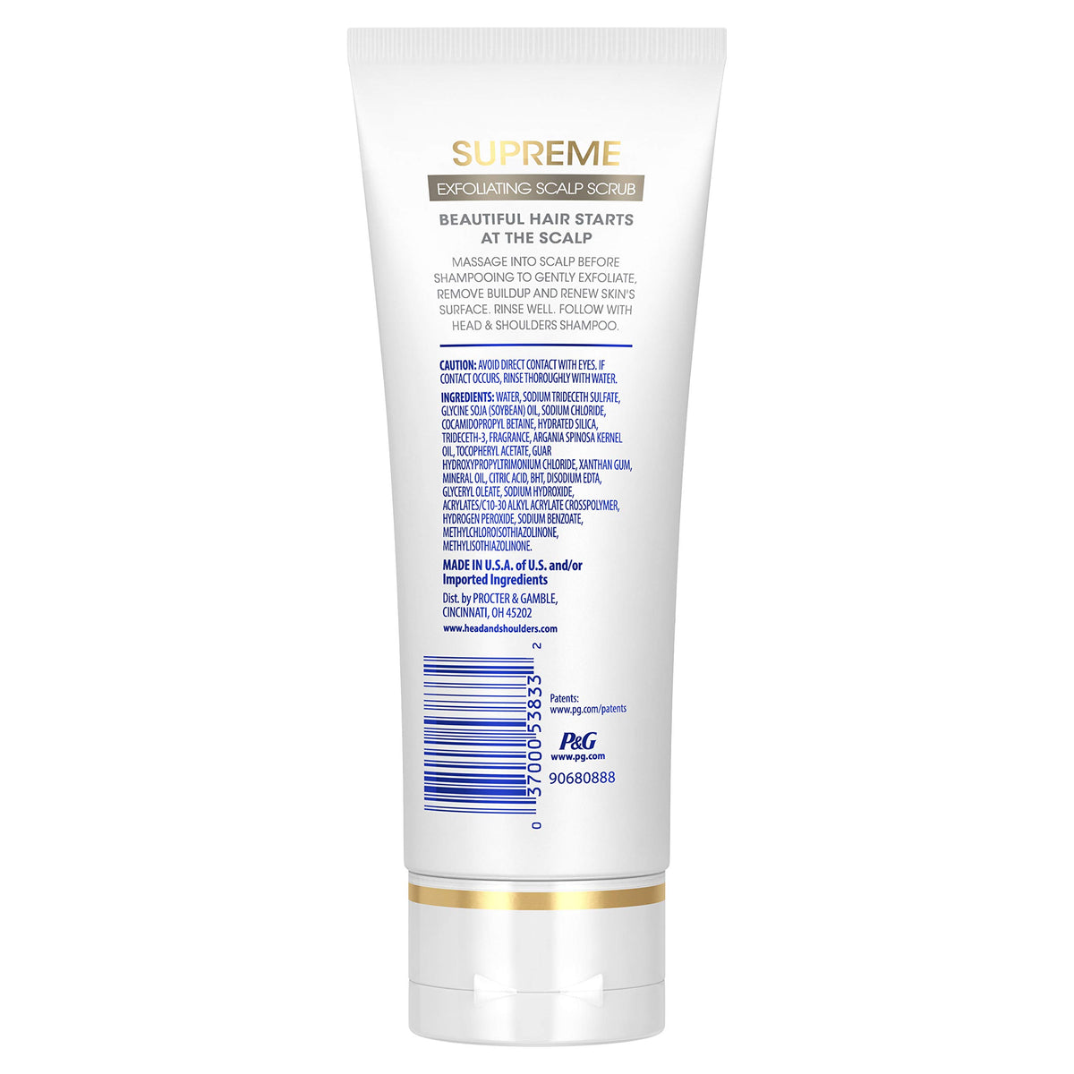Head & Shoulders Supreme open tube revealing creamy scrub texture and exfoliating beads for scalp renewal