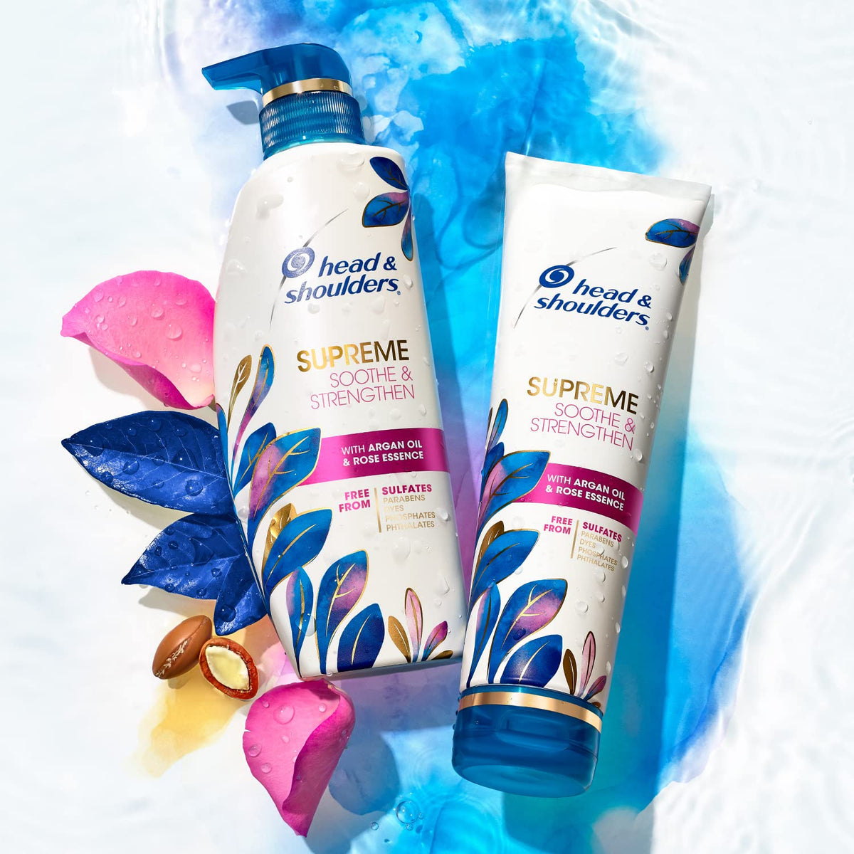 Shampoo and conditioner set styled on bathroom shelf suggesting daily routine ease