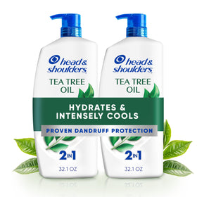 Head & Shoulders front packaging showing twin tea tree bottles and benefits