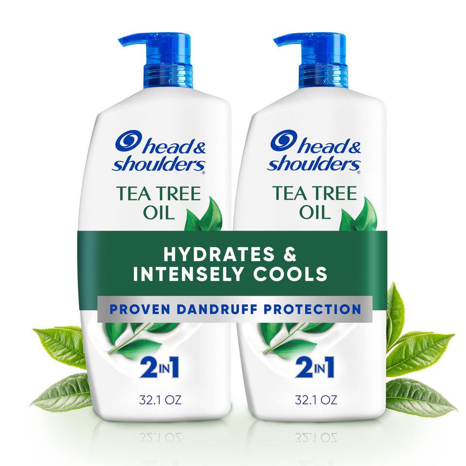 Head & Shoulders front packaging showing twin tea tree bottles and benefits