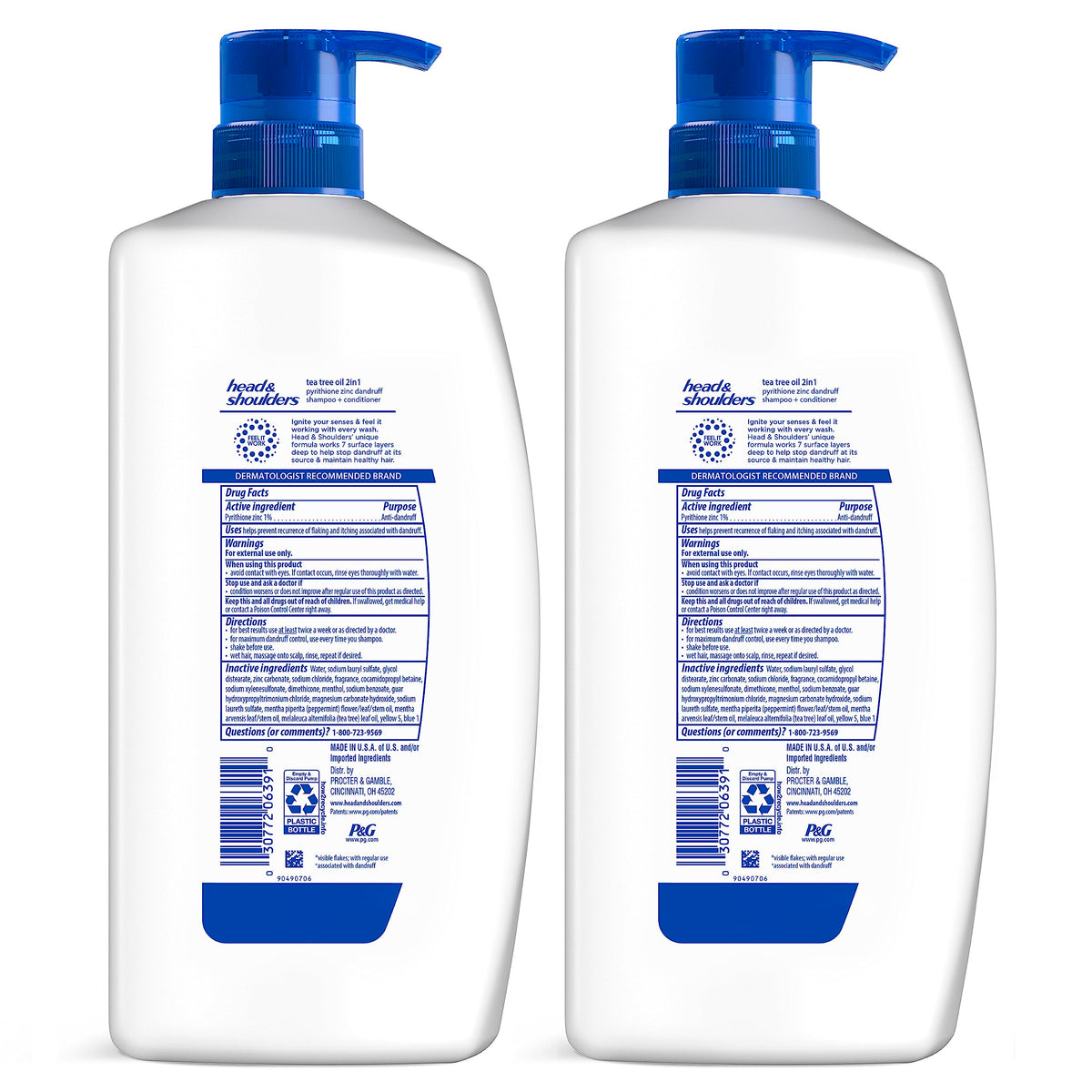 Head & Shoulders twin 32.1 fl oz bottles next to hand for scale