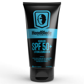HeadBlade HeadLube front packaging showing SPF 50 protection benefit