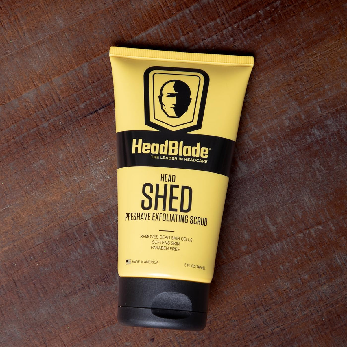 HeadBlade HeadShed on bathroom shelf in grooming routine to portray everyday shave prep