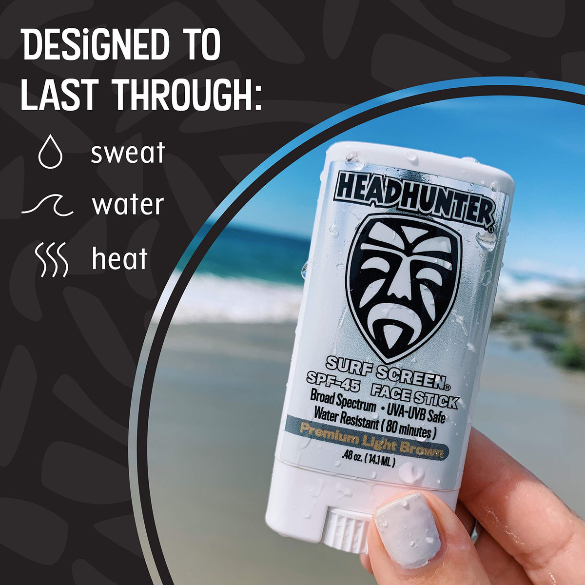 Headhunter applying stick to nose and cheek for quick sun protection benefit