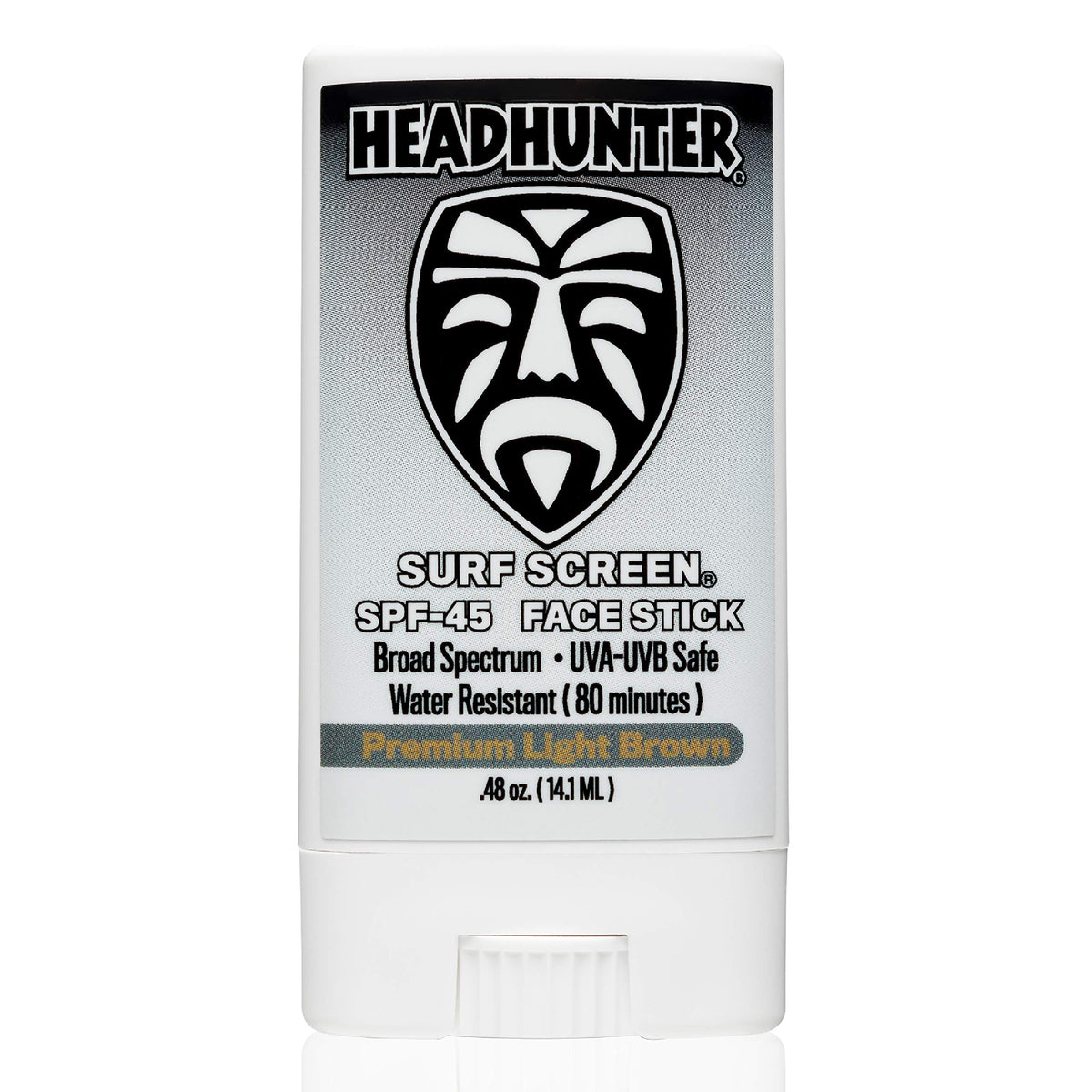 Headhunter face stick front packaging showing SPF 45 and tinted finish benefit