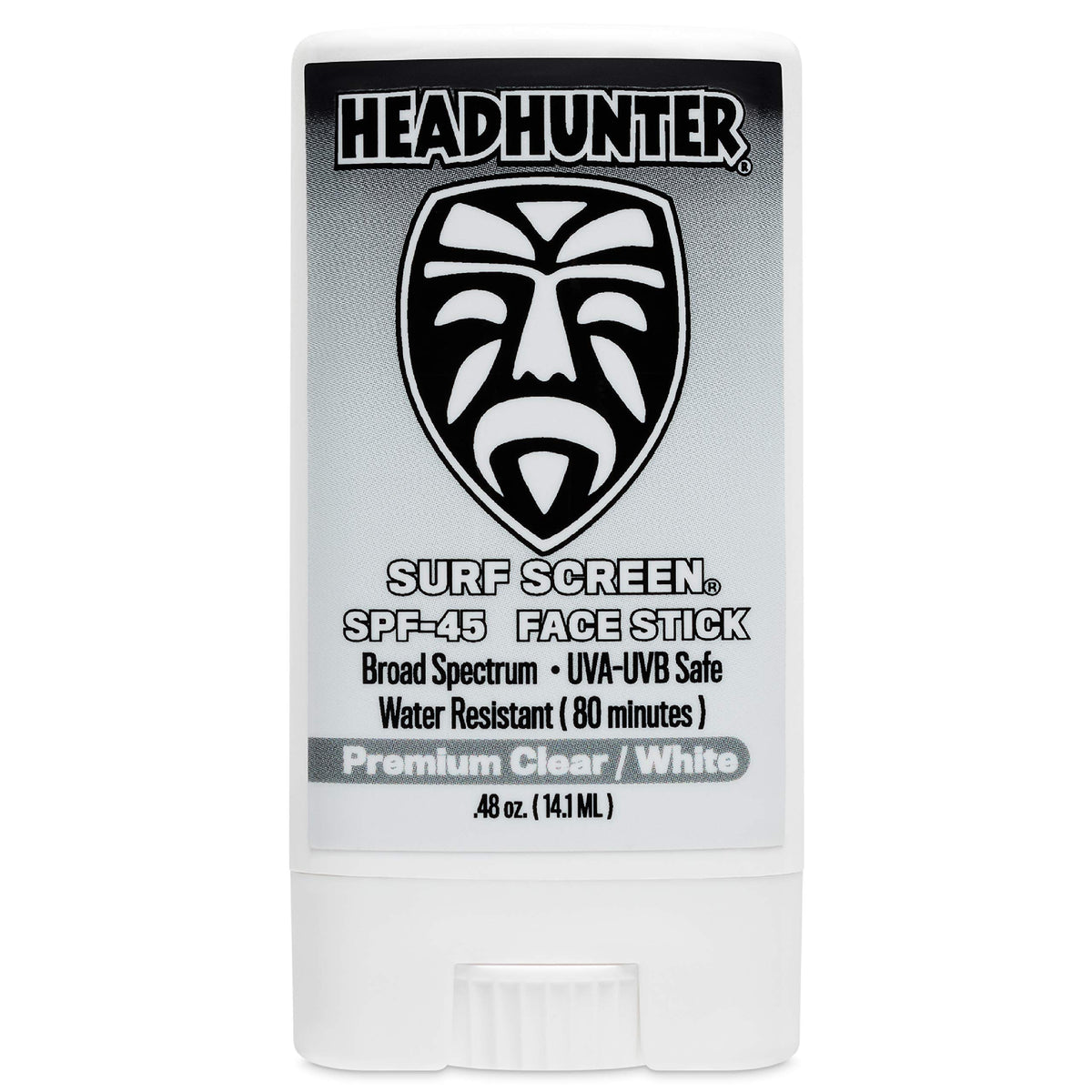 Headhunter face stick front view showing compact travel-ready design and quick-use benefit