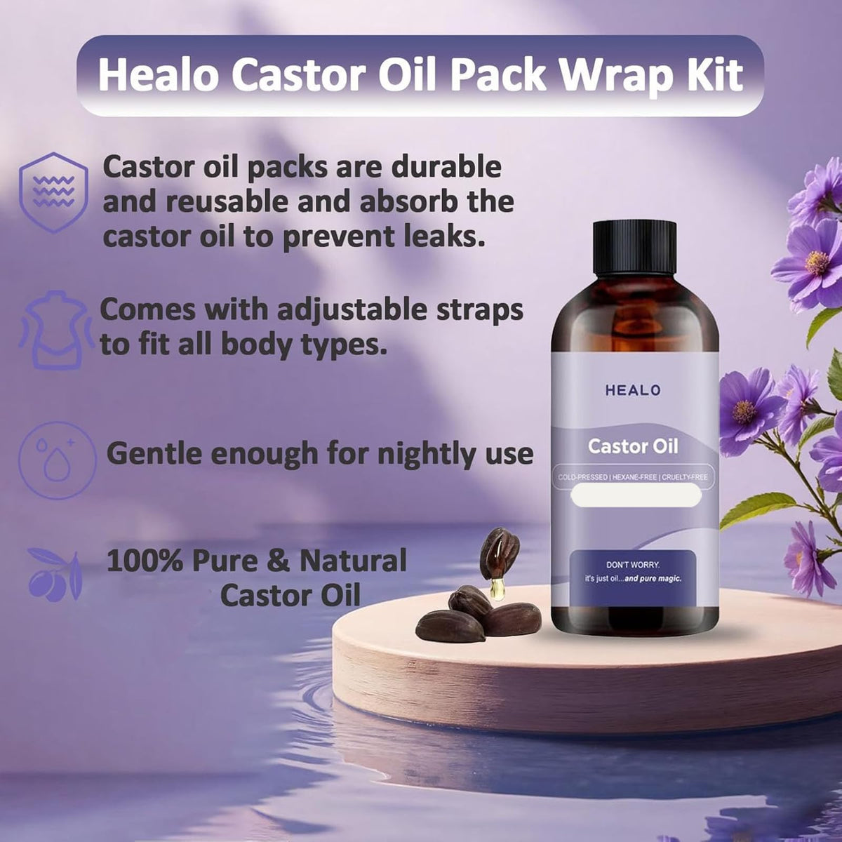 Healo castor oil bottle pouring a drop to show texture and purity
